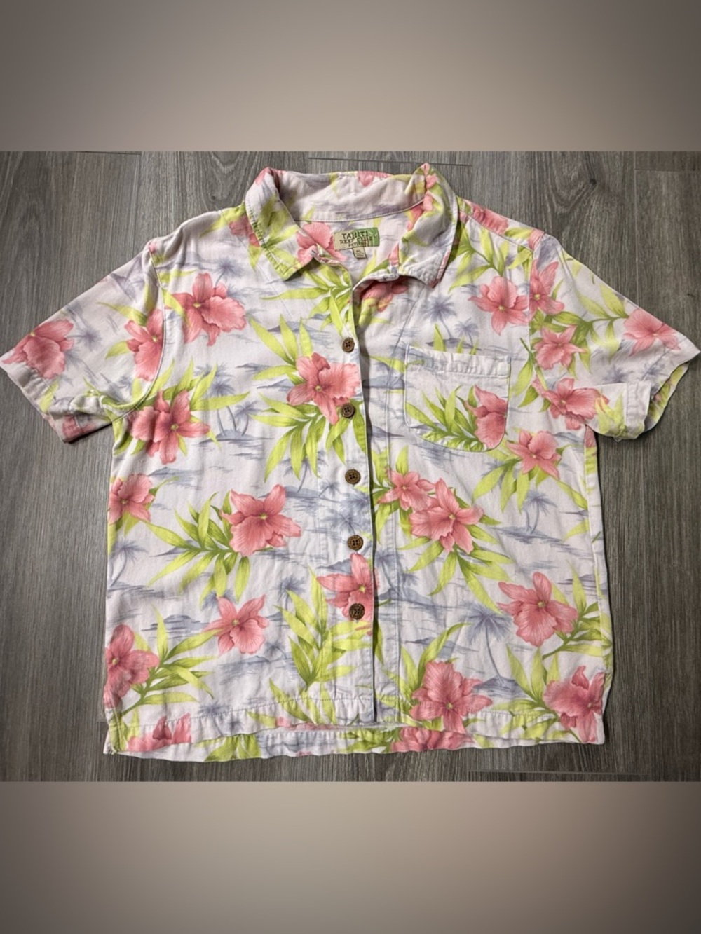 Tahiti Reef Club Women’s Petite Pink Blue Floral Button-Up Shirt Hawaiian LP